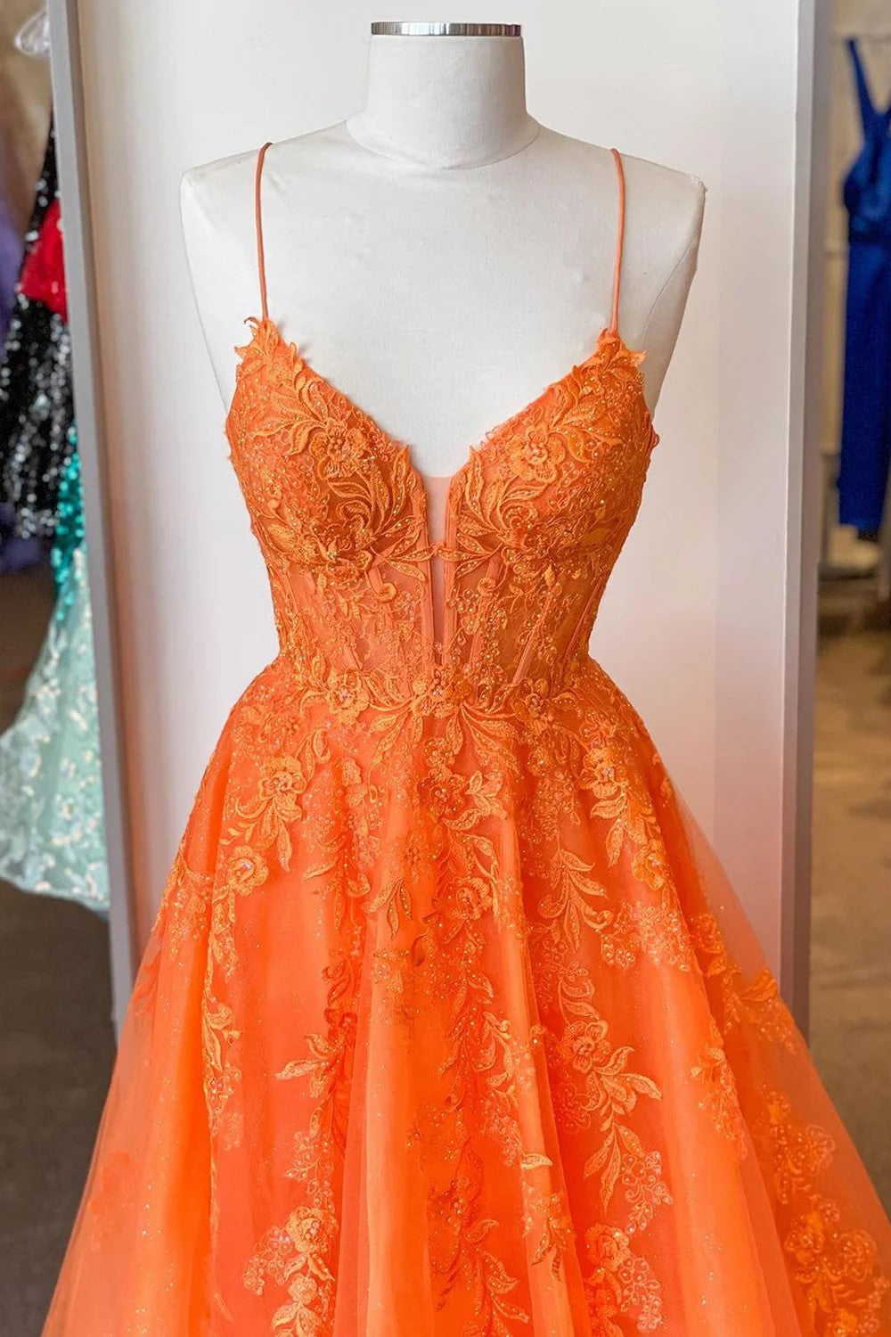 A Line Spaghetti Straps Orange Corset Prom Dress with Appliques TP1269