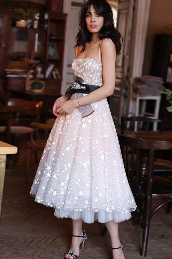 A Line Spaghetti Straps Tea Length Pearl Pink Prom Dress With Stars TP0860