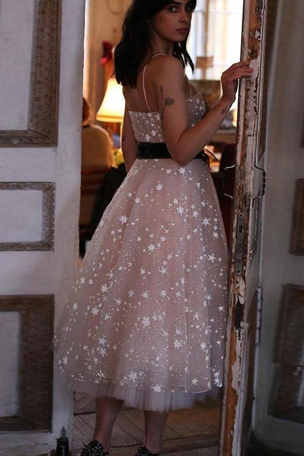 A Line Spaghetti Straps Tea Length Pearl Pink Prom Dress With Stars TP0860