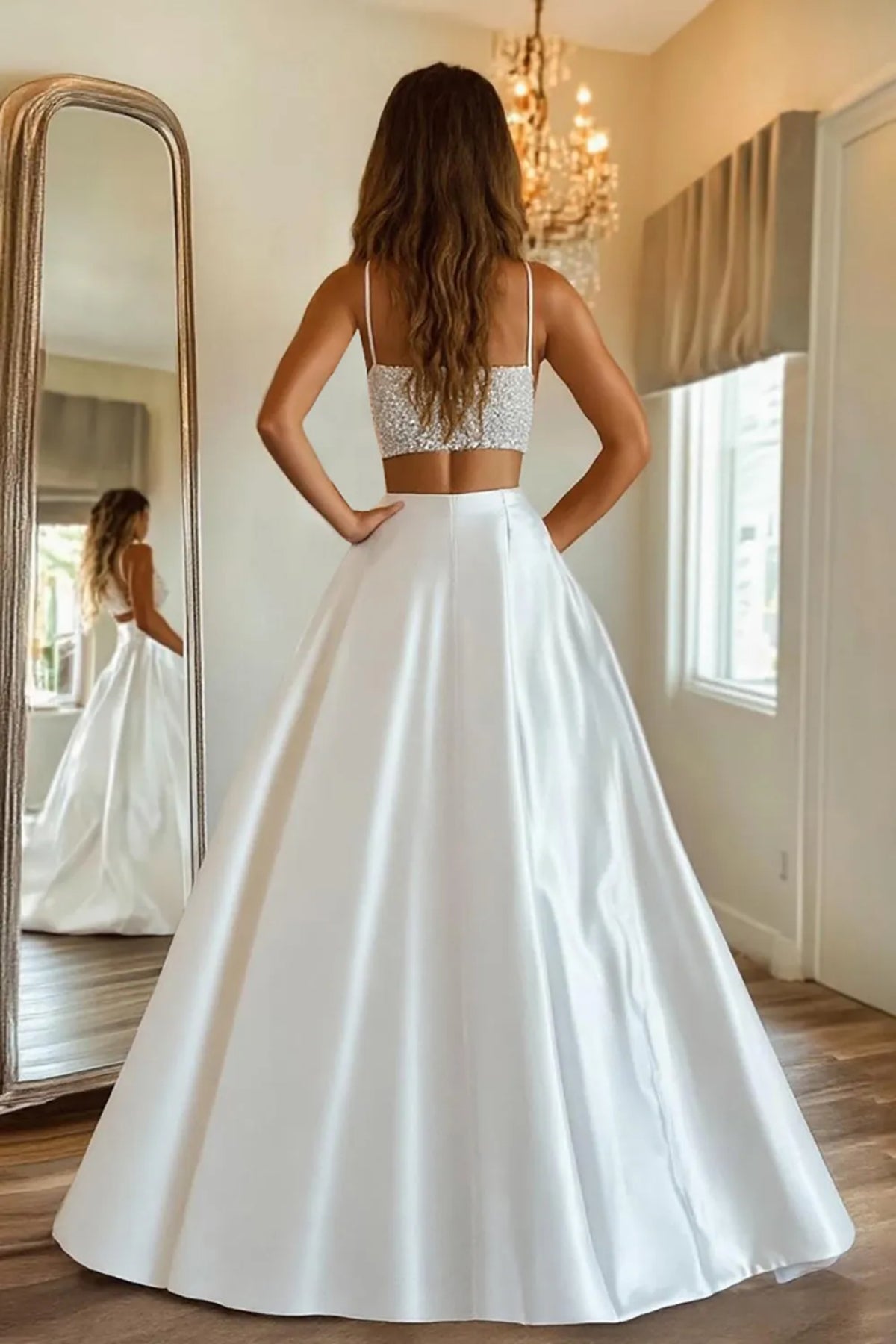 A Line Spaghetti Straps Two Piece Beaded White Long Prom Dress with High Slit, Two Piece White Formal Dress, White Evening Dress A2383