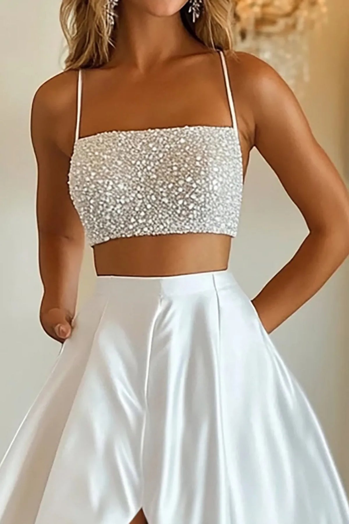 A Line Spaghetti Straps Two Piece Beaded White Long Prom Dress with High Slit, Two Piece White Formal Dress, White Evening Dress A2383