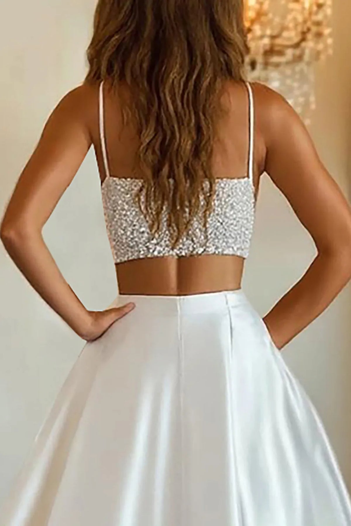A Line Spaghetti Straps Two Piece Beaded White Long Prom Dress with High Slit, Two Piece White Formal Dress, White Evening Dress A2383