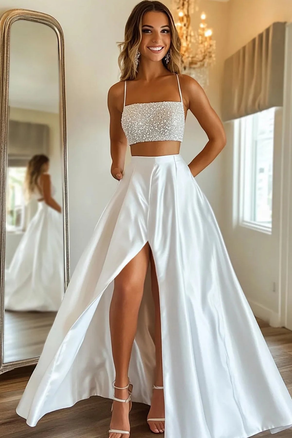 A Line Spaghetti Straps Two Piece Beaded White Long Prom Dress with High Slit, Two Piece White Formal Dress, White Evening Dress A2383