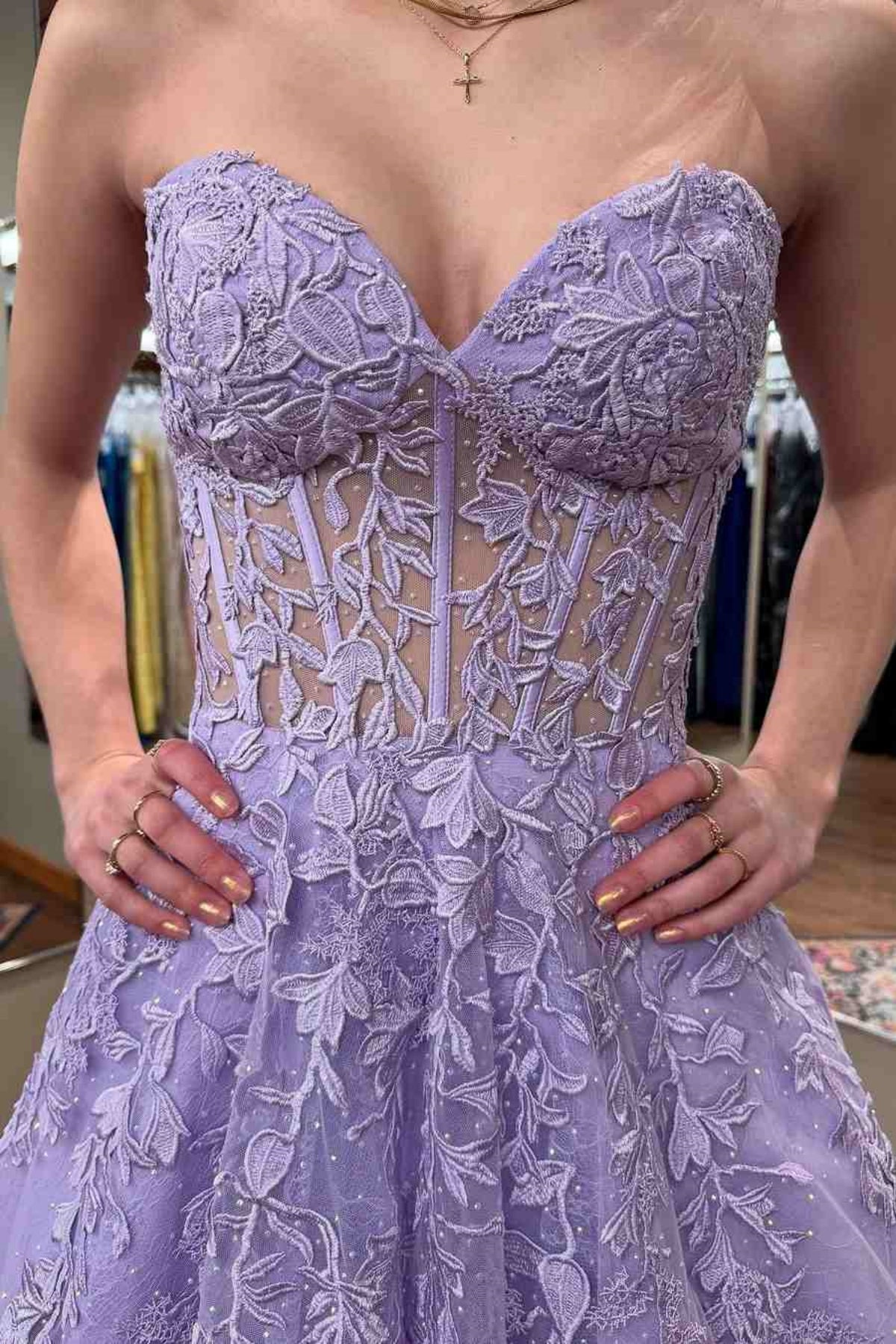 A Line Strapless Lilac Lace Long Prom Dress, Purple Lace Formal Dress, Lilac Evening Dress A2378