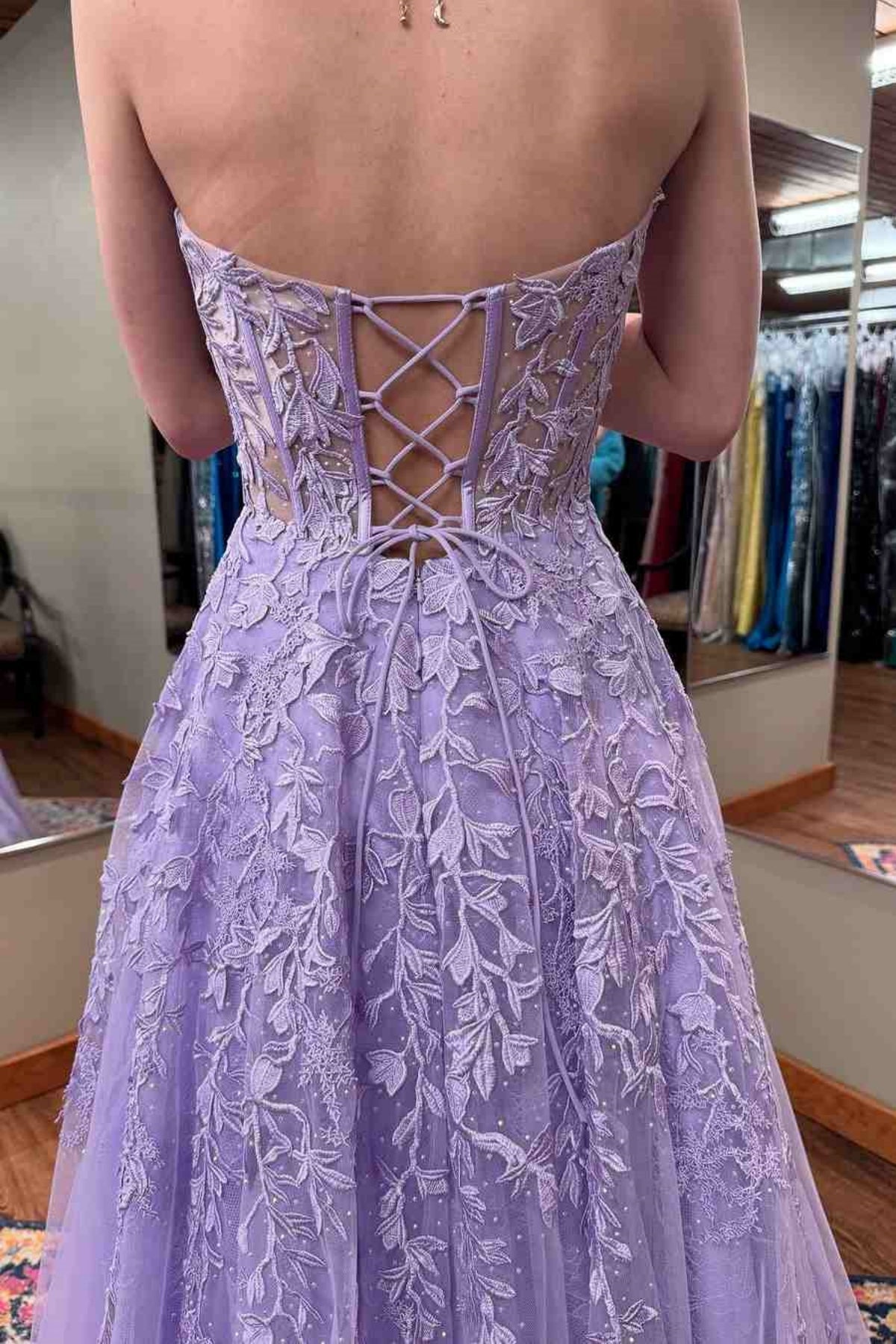 A Line Strapless Lilac Lace Long Prom Dress, Purple Lace Formal Dress, Lilac Evening Dress A2378