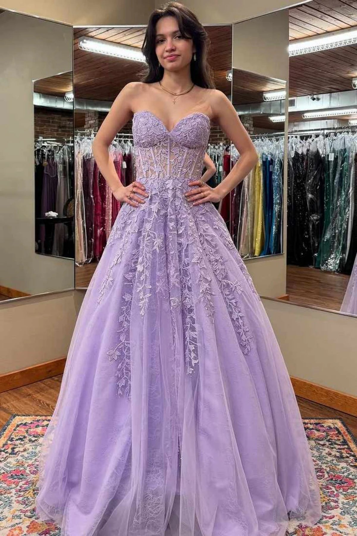 A Line Strapless Lilac Lace Long Prom Dress, Purple Lace Formal Dress, Lilac Evening Dress A2378