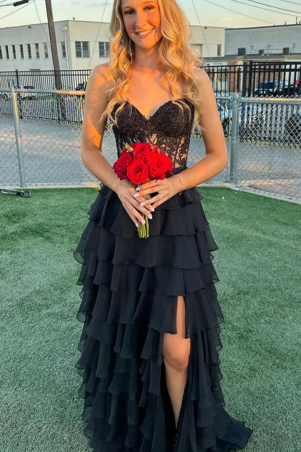 A Line Strapless Ruffle Black Lace Long Prom Dress with High Slit, Black Lace Formal Dress, Black Evening Dress