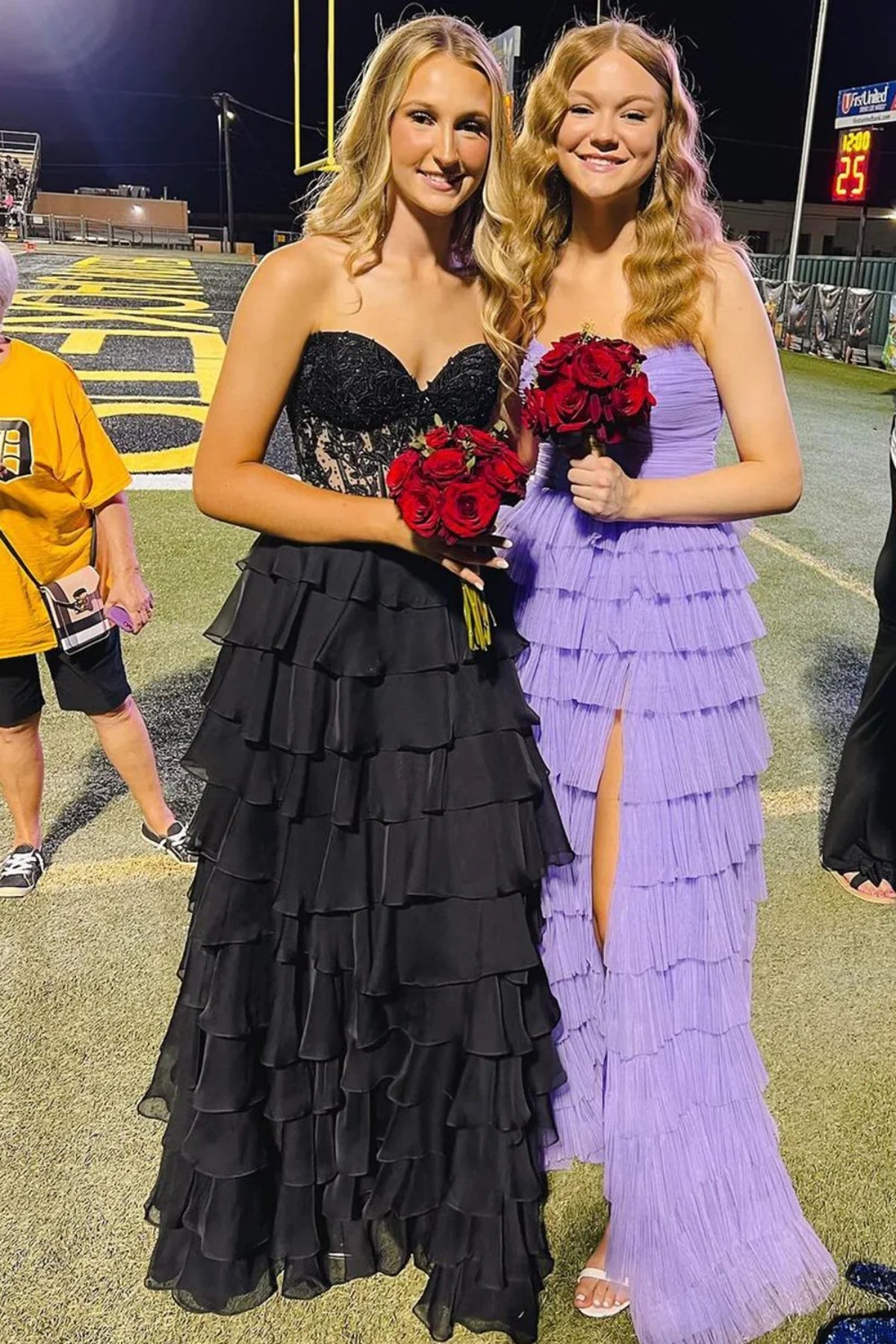 A Line Strapless Ruffle Black Lace Long Prom Dress with High Slit, Black Lace Formal Dress, Black Evening Dress