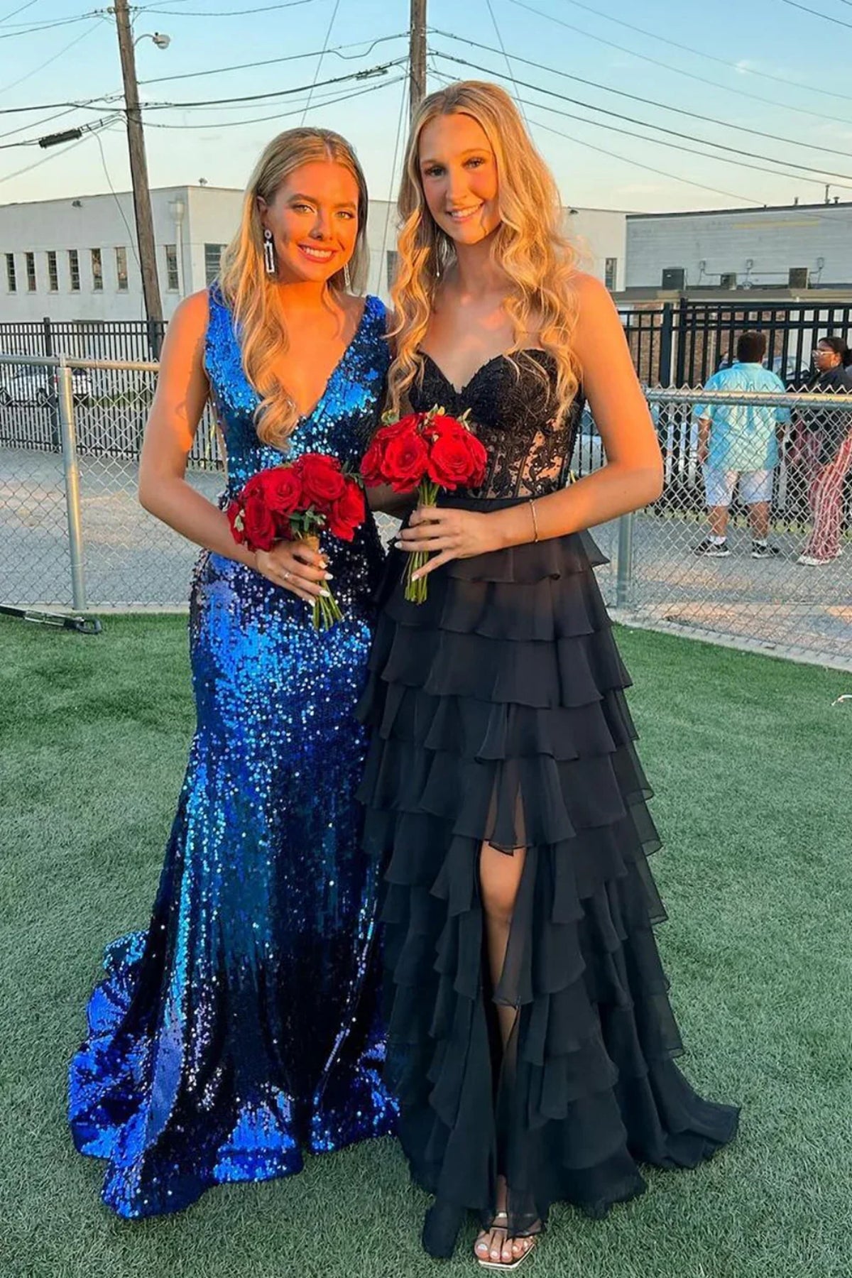 A Line Strapless Ruffle Black Lace Long Prom Dress with High Slit, Black Lace Formal Dress, Black Evening Dress