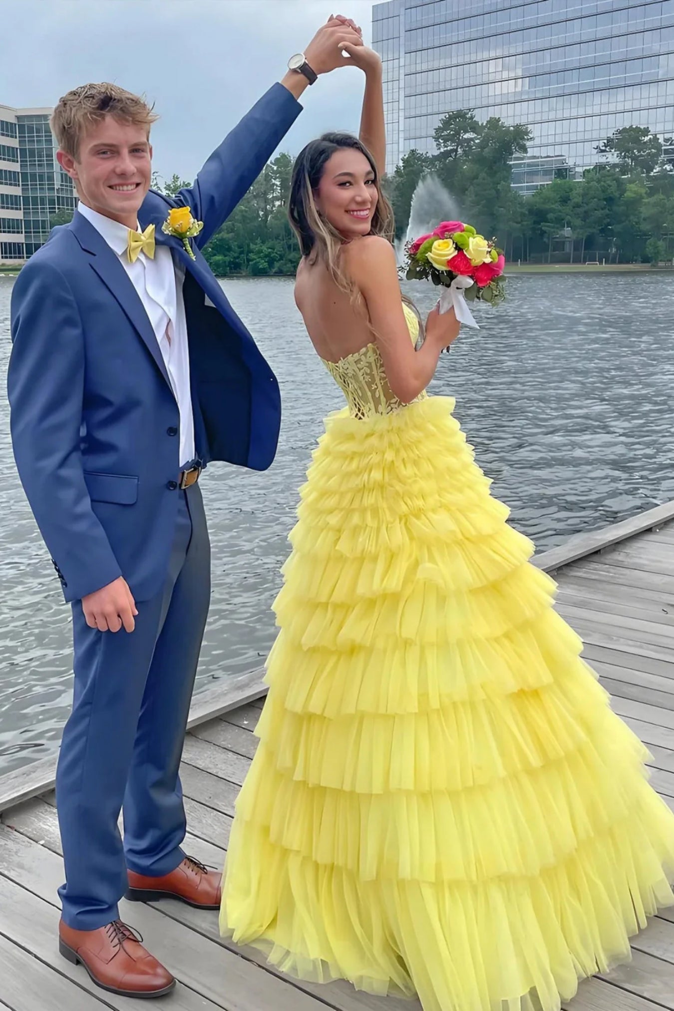 A Line Strapless Ruffle Yellow Lace Long Prom Dress, Long Yellow Lace Formal Graduation Evening Dress A2279