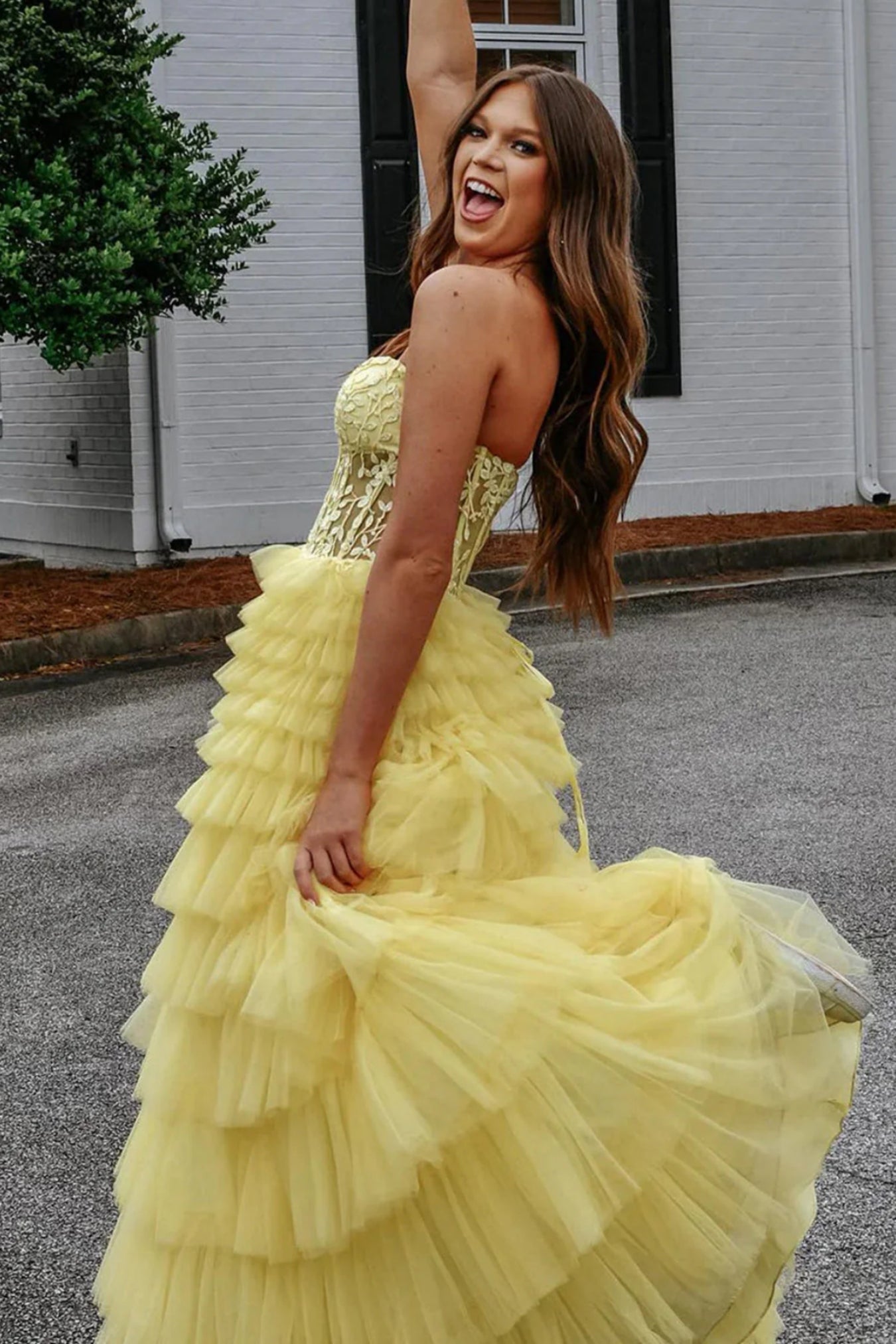 A Line Strapless Ruffle Yellow Lace Long Prom Dress, Long Yellow Lace Formal Graduation Evening Dress A2279