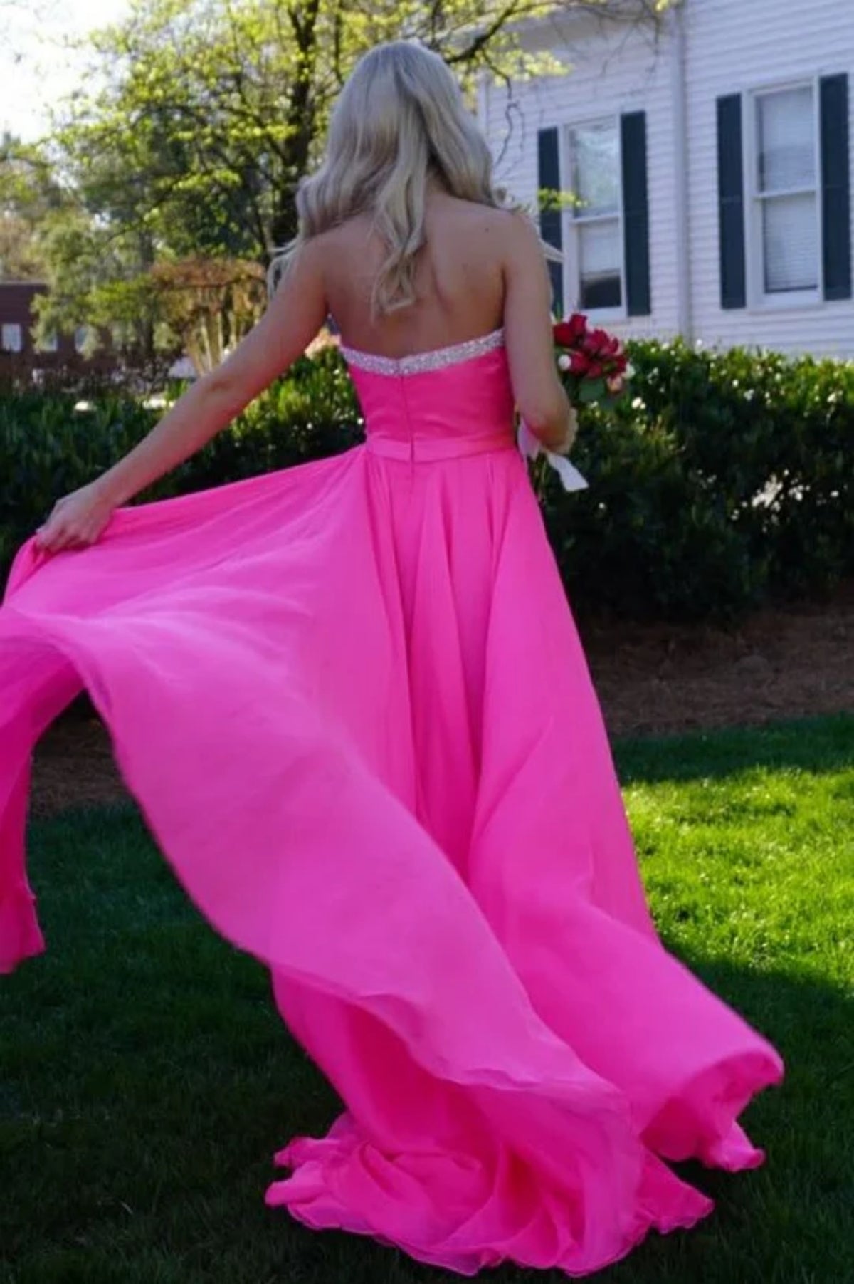 A Line Strapless V Neck Beaded Pink Long Prom Dress with High Slit, Pink Formal Graduation Evening Dress A2379