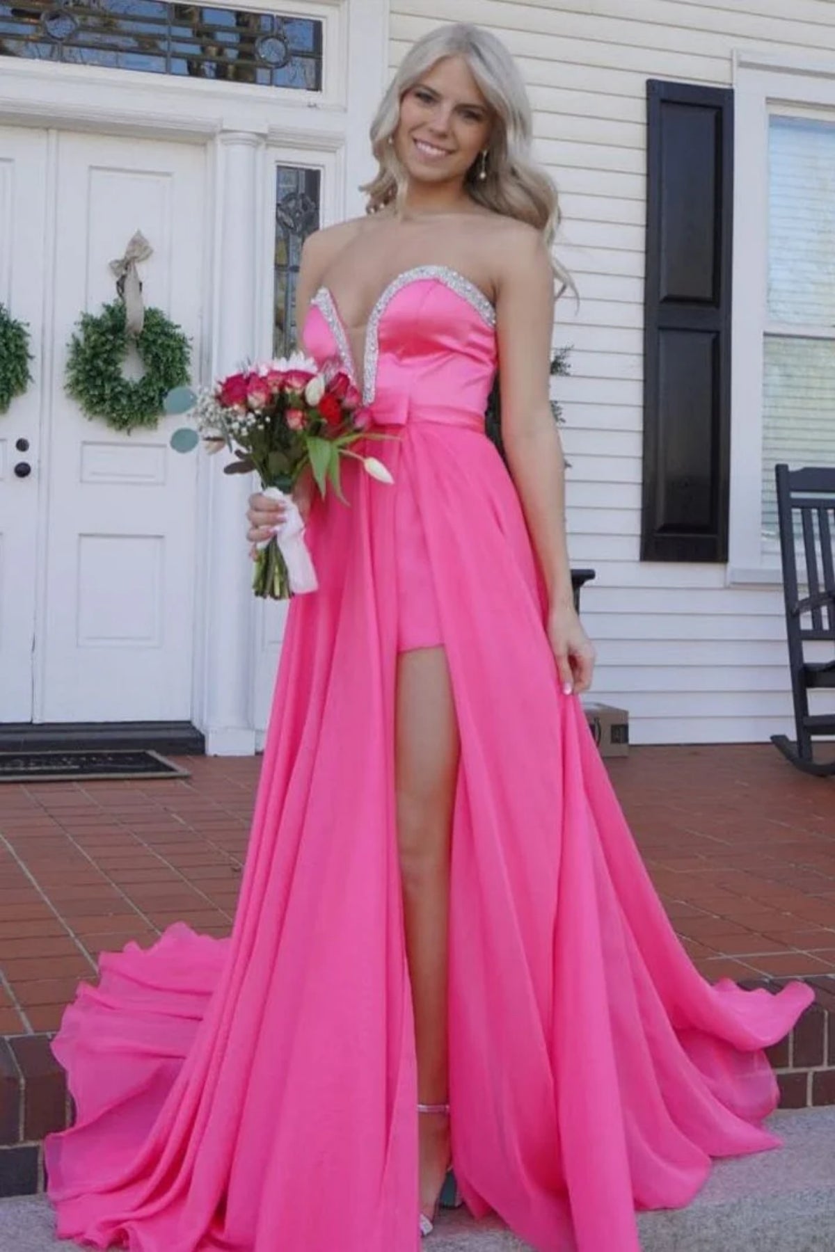 A Line Strapless V Neck Beaded Pink Long Prom Dress with High Slit, Pink Formal Graduation Evening Dress A2379