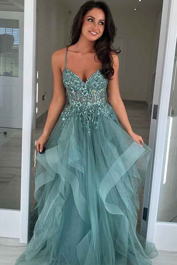 A Line Straps Appliques Tulle Grey Green Long Prom Dress TP1365