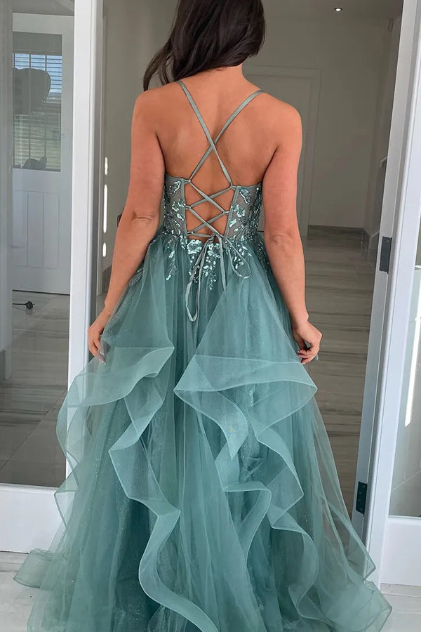 A Line Straps Appliques Tulle Grey Green Long Prom Dress TP1365