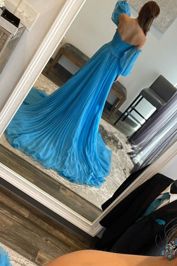 A Line Sweetheart Blue Long Chiffon Prom Dress with Split TP1289