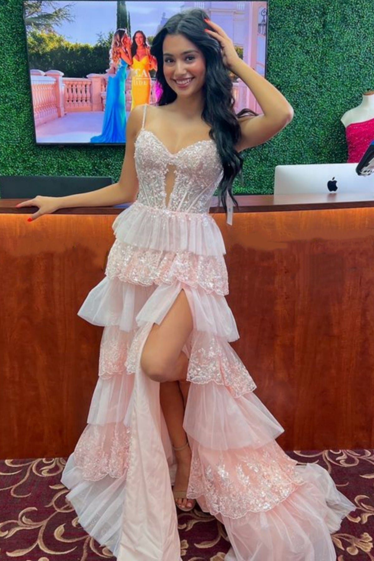 A Line Sweetheart Neck Layered Pink Lace Sequins Long Prom Dress with High Slit, Pink Lace Formal Graduation Evening Dress A2248