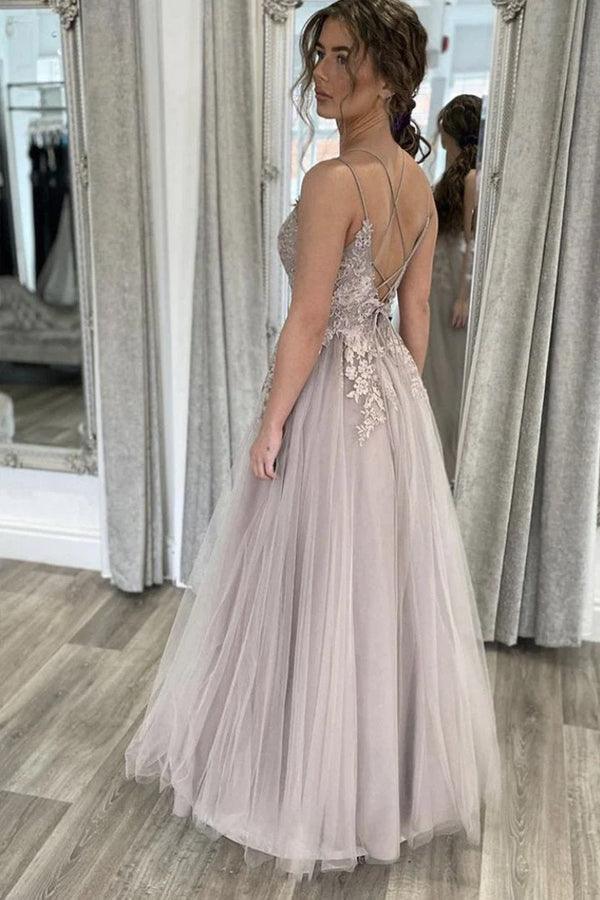 A Line Tulle Lace Appliques Long Floor Length Formal Prom Dresses TP1162