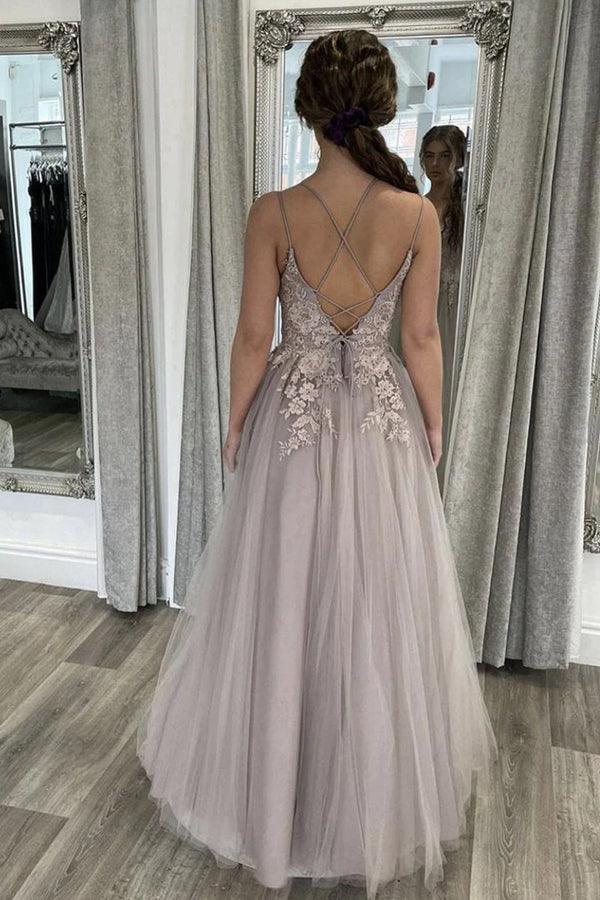 A Line Tulle Lace Appliques Long Floor Length Formal Prom Dresses TP1162