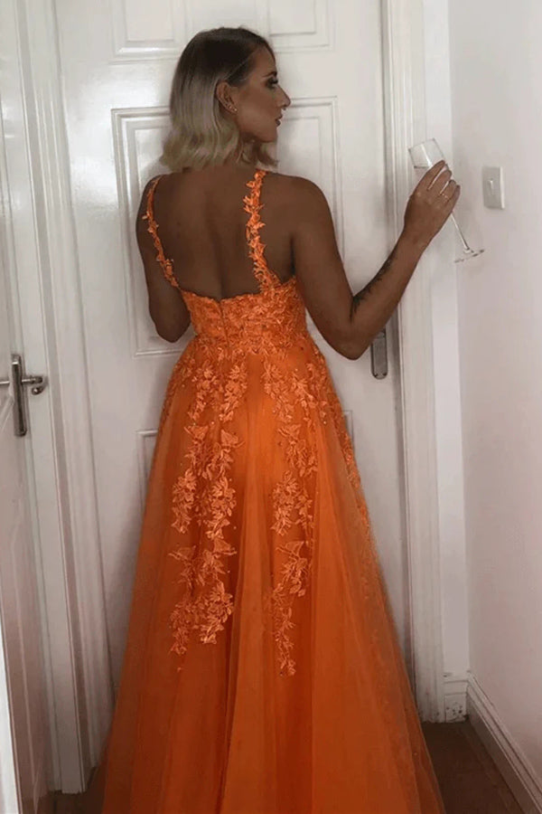A Line V Neck Backless Lace Appliques Orange Prom Formal Dresses TP1104