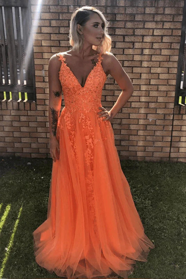 A Line V Neck Backless Lace Appliques Orange Prom Formal Dresses TP1104