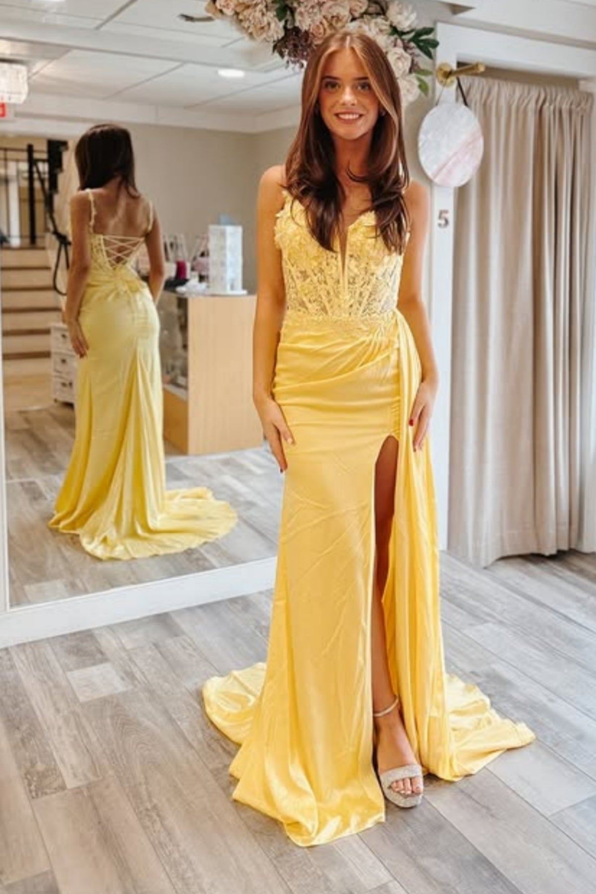 A Line V Neck Backless Yellow Lace Long Prom Dress with High Slit, Yellow Lace Formal Graduation Evening Dress