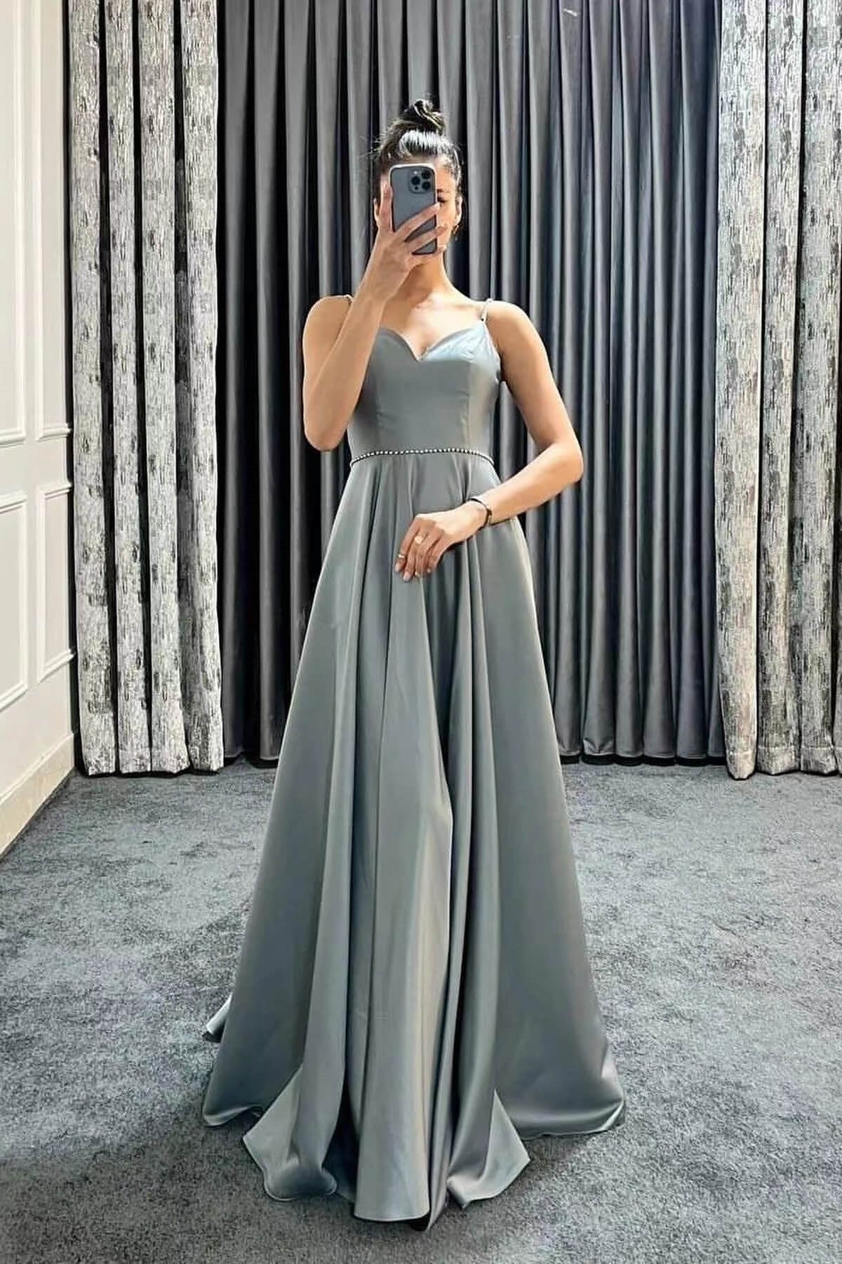 A Line V Neck Burgundy/Gray Satin Long Prom Dress with Belt, Long Burgundy/Gray Formal Graduation Evening Dress A2374
