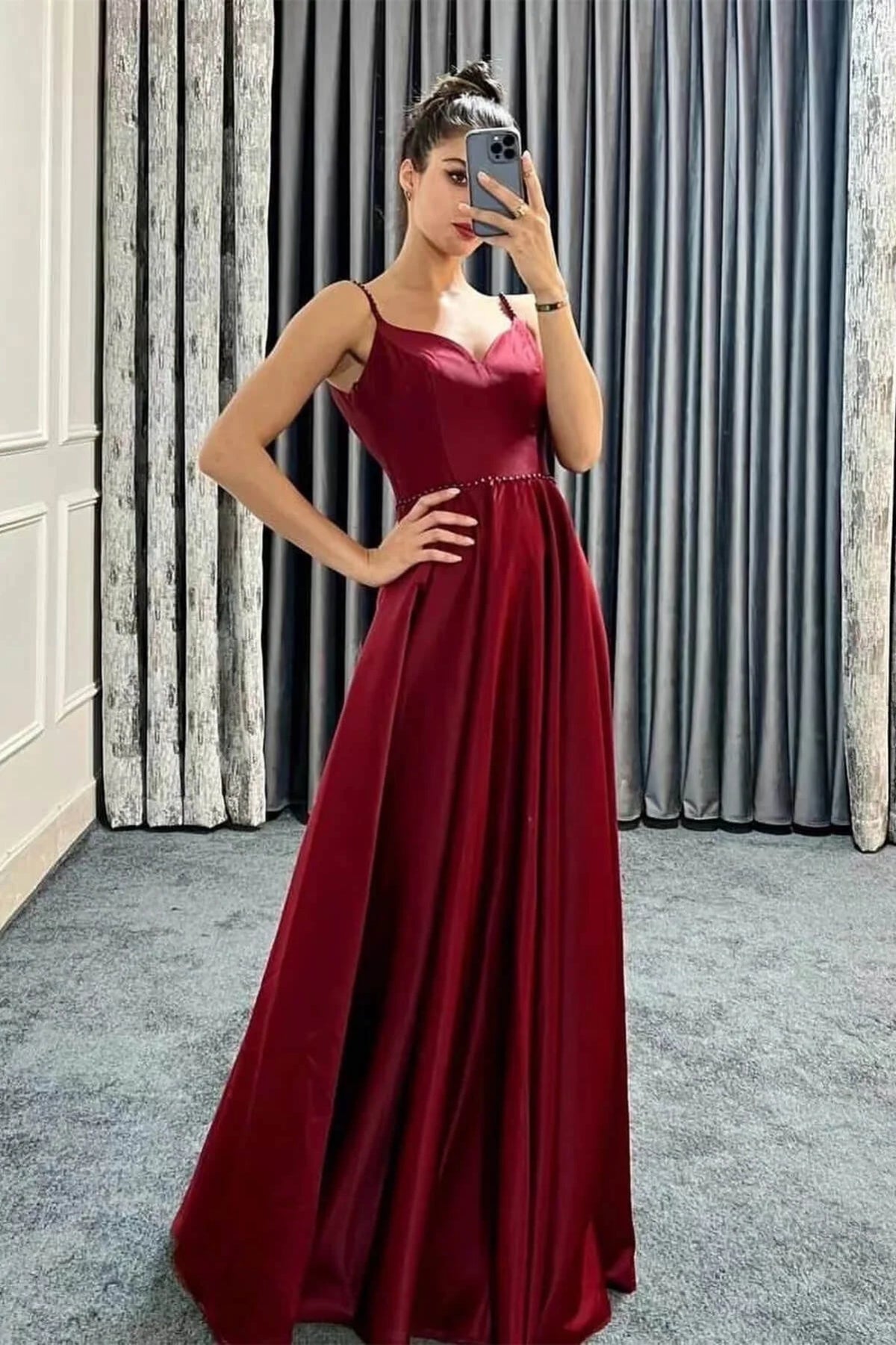 A Line V Neck Burgundy/Gray Satin Long Prom Dress with Belt, Long Burgundy/Gray Formal Graduation Evening Dress A2374