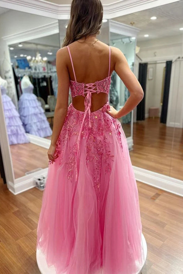 A Line V Neck Hot Pink Lace Long Prom Dresses with High Slit TP1302