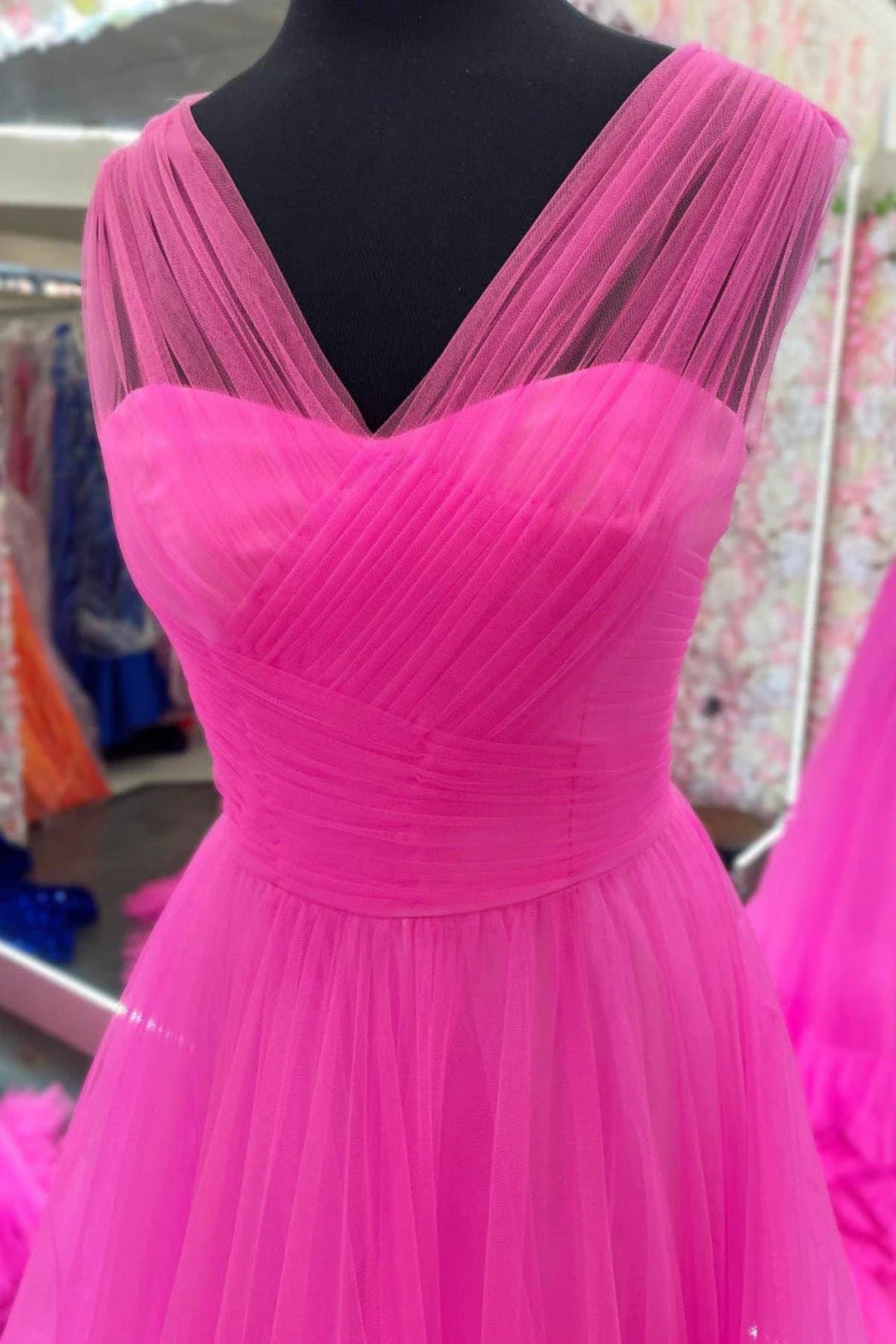 A Line V Neck Hot Pink Tulle Long Prom Dress, Long Hot Pink Formal Graduation Evening Dress