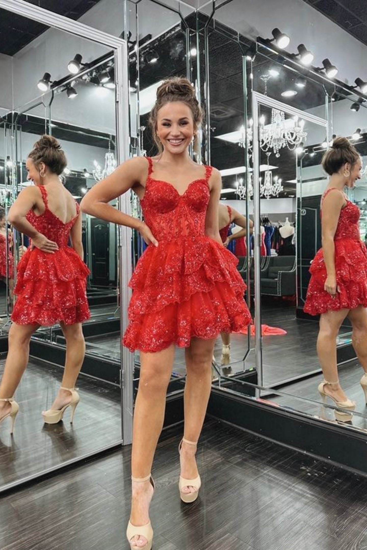 A Line V Neck Layered Red Lace Prom Dress, Short Red Lace Homecoming Dress, Red Formal Graduation Evening Dress A2197