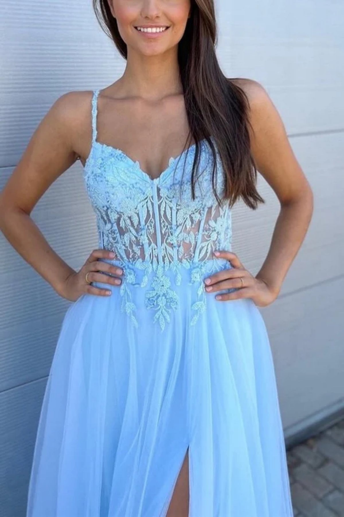 A Line V Neck Open Back Light Blue Lace Long Prom Dress with High Slit, Light Blue Lace Formal Dress, Blue Evening Dress