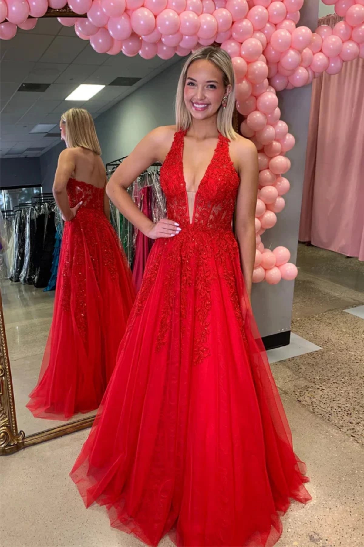 A Line V Neck Open Back Red Lace Long Prom Dress, Red Lace Formal Dress, Halter Neck Red Evening Dress