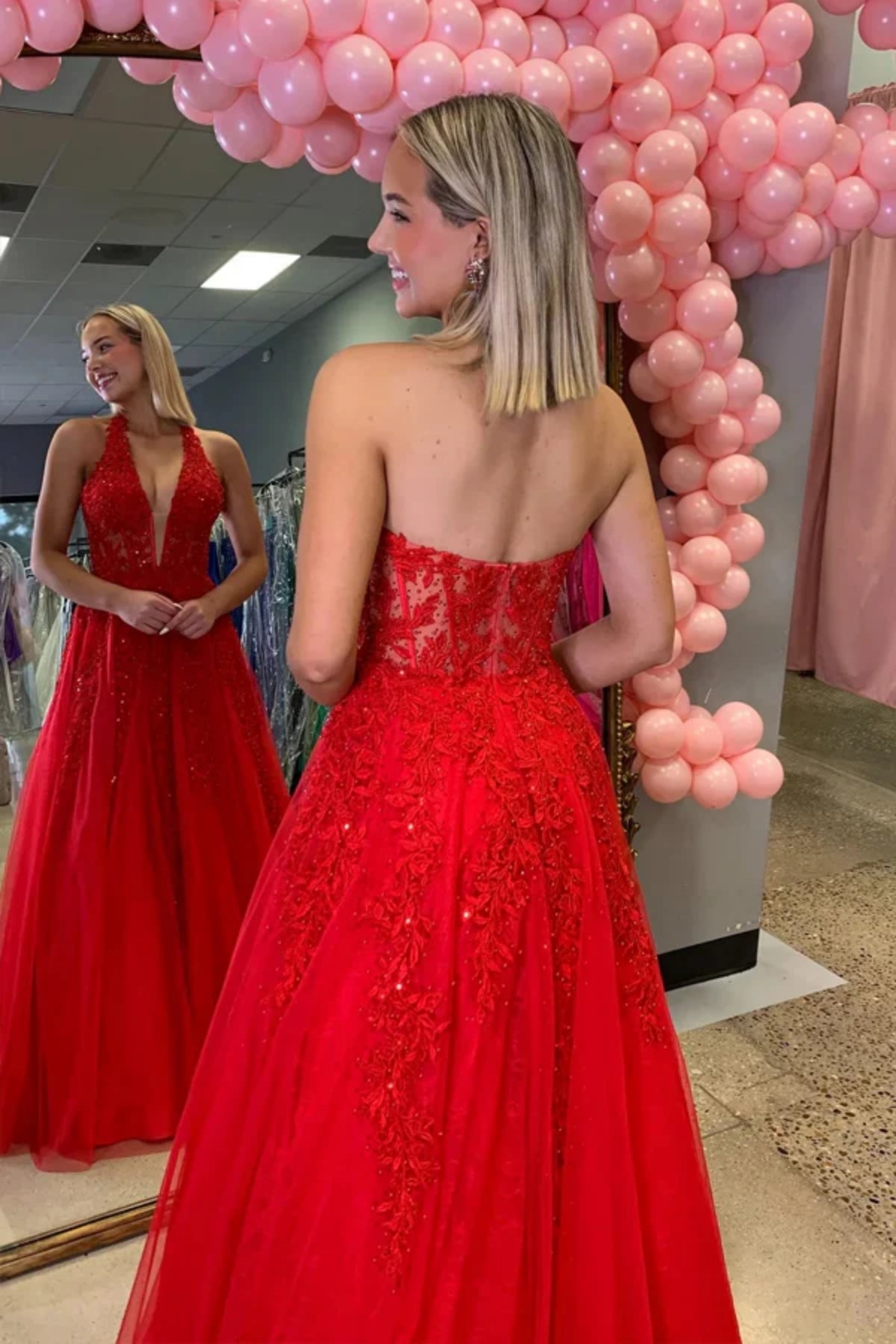 A Line V Neck Open Back Red Lace Long Prom Dress, Red Lace Formal Dress, Halter Neck Red Evening Dress