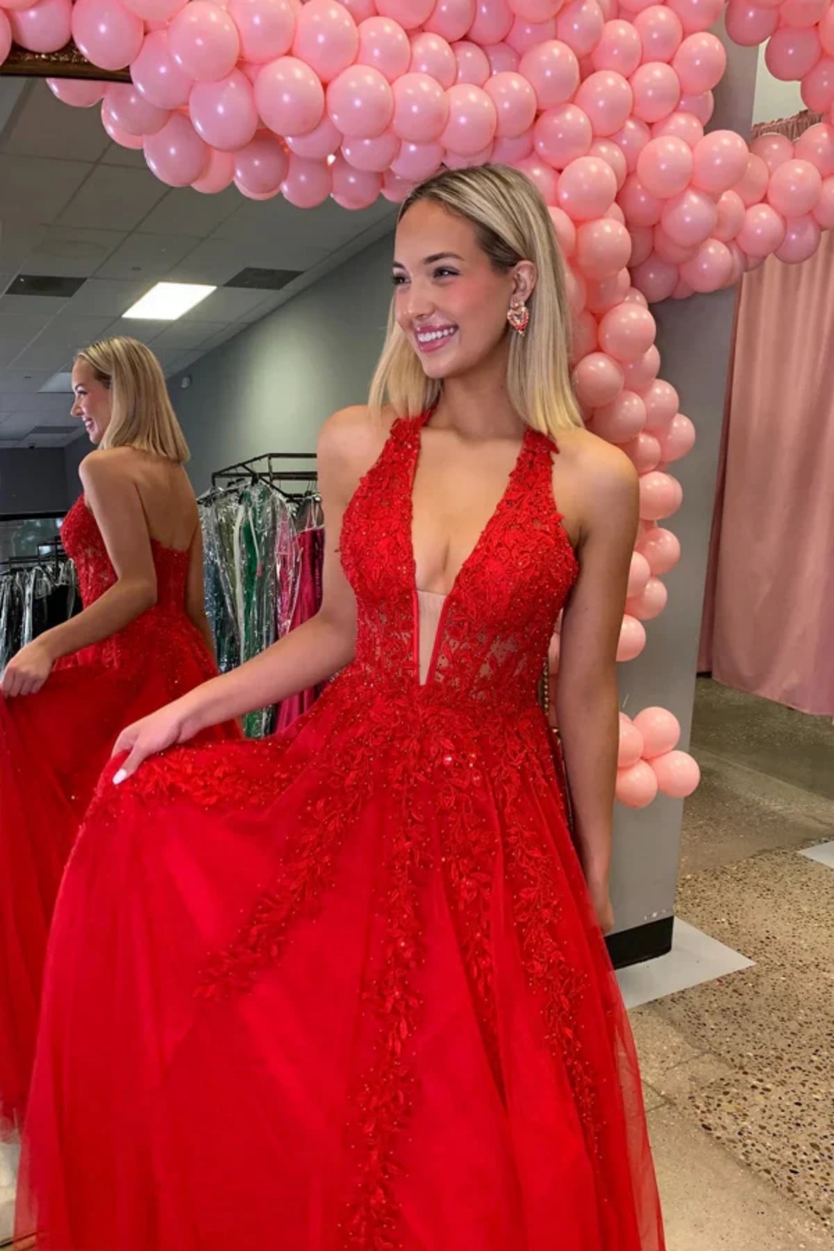 A Line V Neck Open Back Red Lace Long Prom Dress, Red Lace Formal Dress, Halter Neck Red Evening Dress