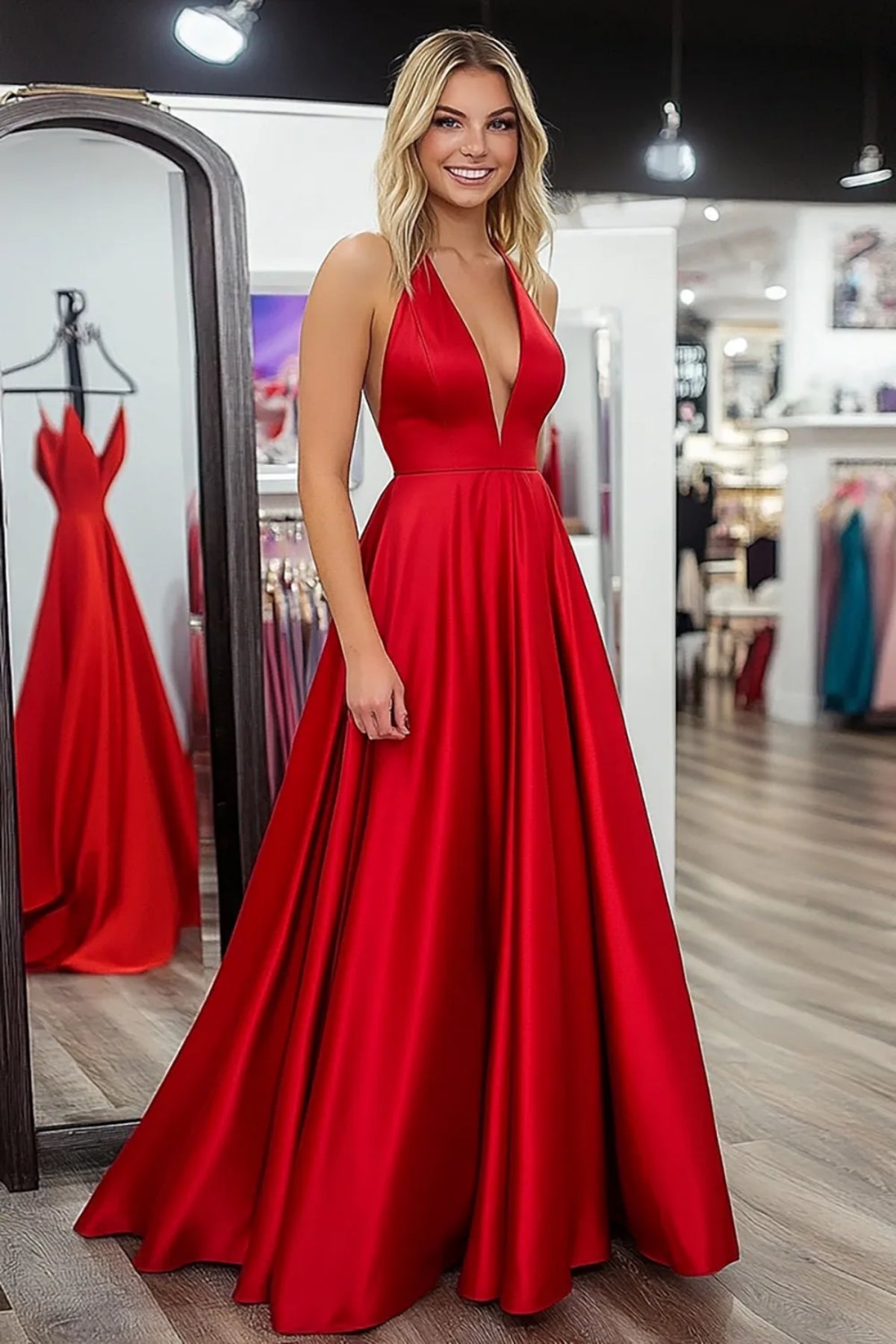 A Line V Neck Red Satin Long Prom Dress, V Neck Red Formal Dress, Red Evening Dress A2377