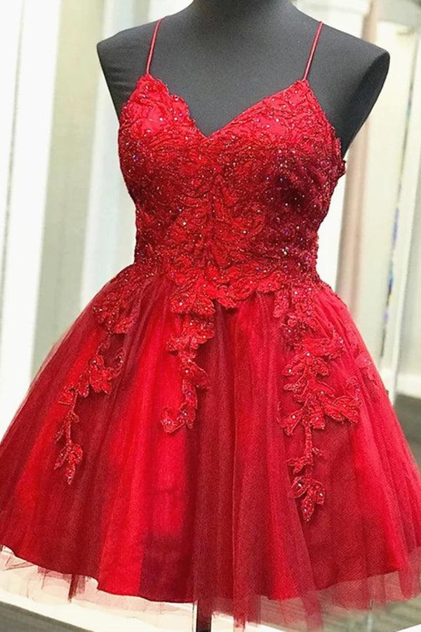 A Line V Neck Short Backless Red Prom Dresses Homecoming Dresses HD0150