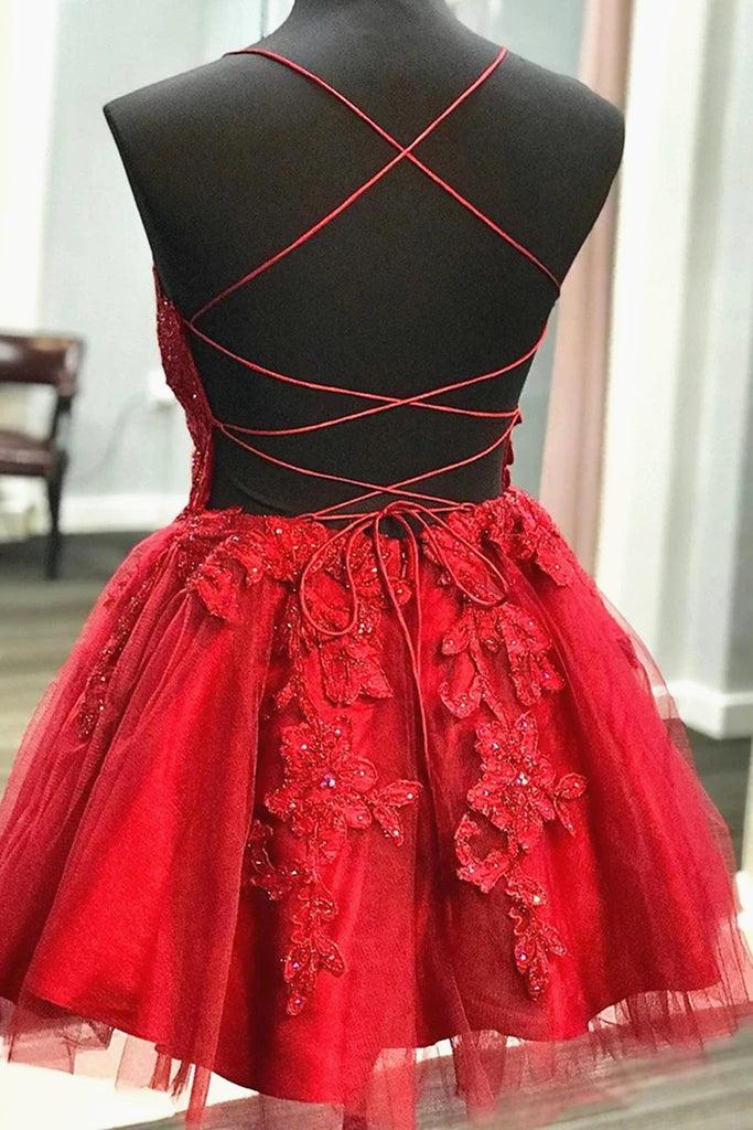 A Line V Neck Short Backless Red Prom Dresses Homecoming Dresses HD0150