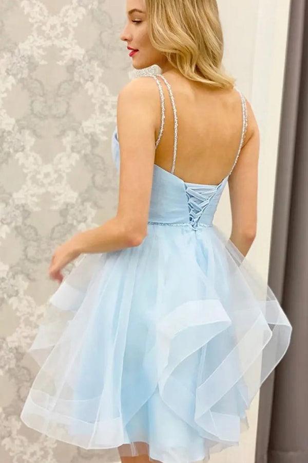 A Line V Neck Short Blue Prom Dresses Tulle Homecoming Dresses HD0162
