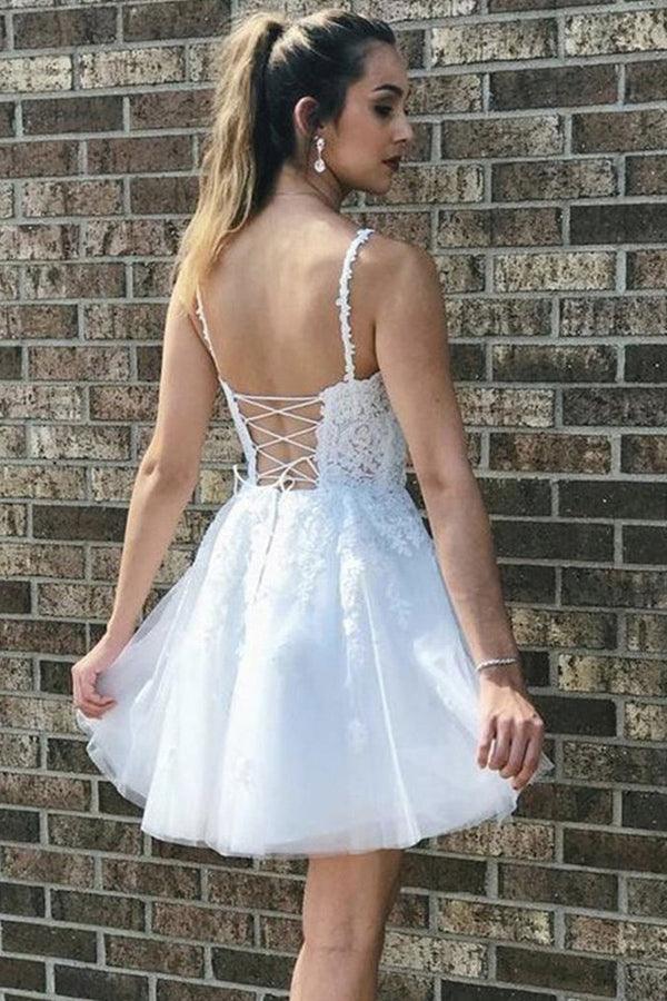 A Line V Neck Short White Lace Prom Dresses Homecoming Dresses HD0149