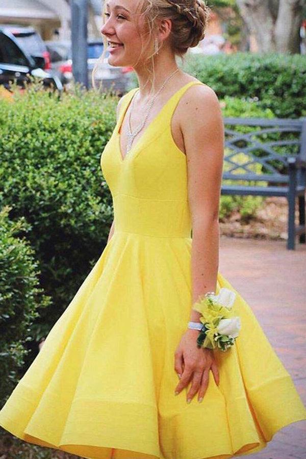 A Line V Neck Short Yellow Prom Dresses Homecoming Dresses HD0176