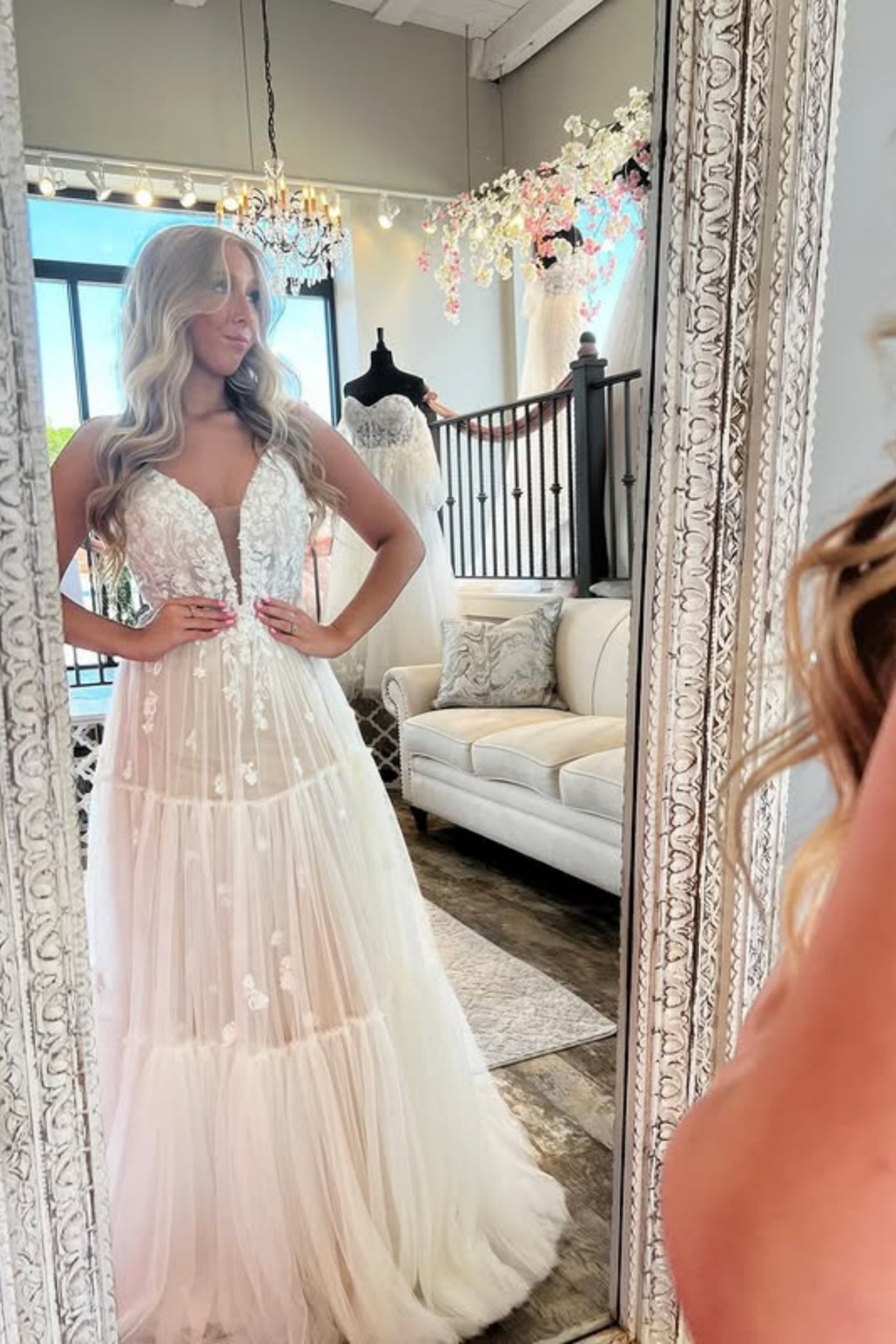 A Line V Neck White Lace Long Prom Dress, Ivory Lace Formal Dress, White Evening Dress