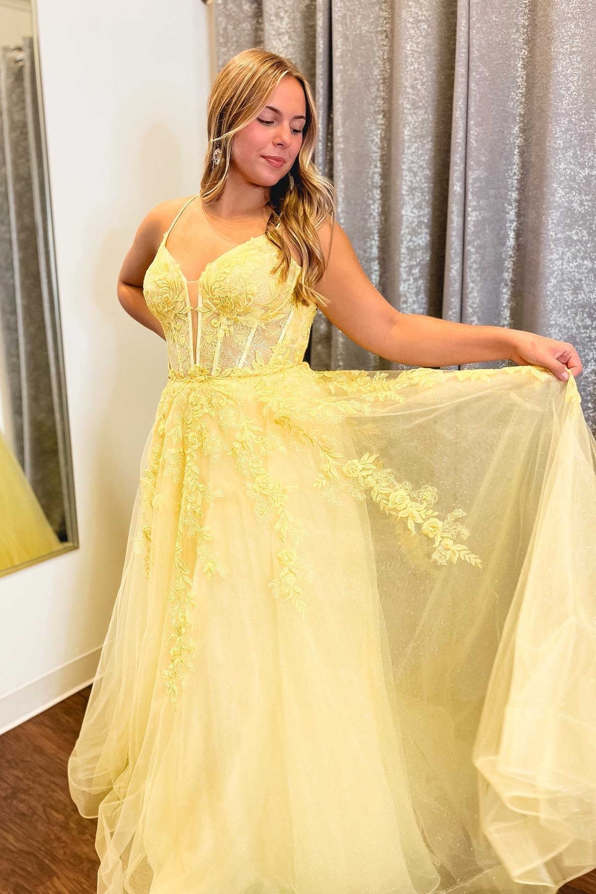 A Line V Neck Yellow Long Prom Dress with Lace Appliques, Yellow Lace Formal Graduation Evening Dress A2014