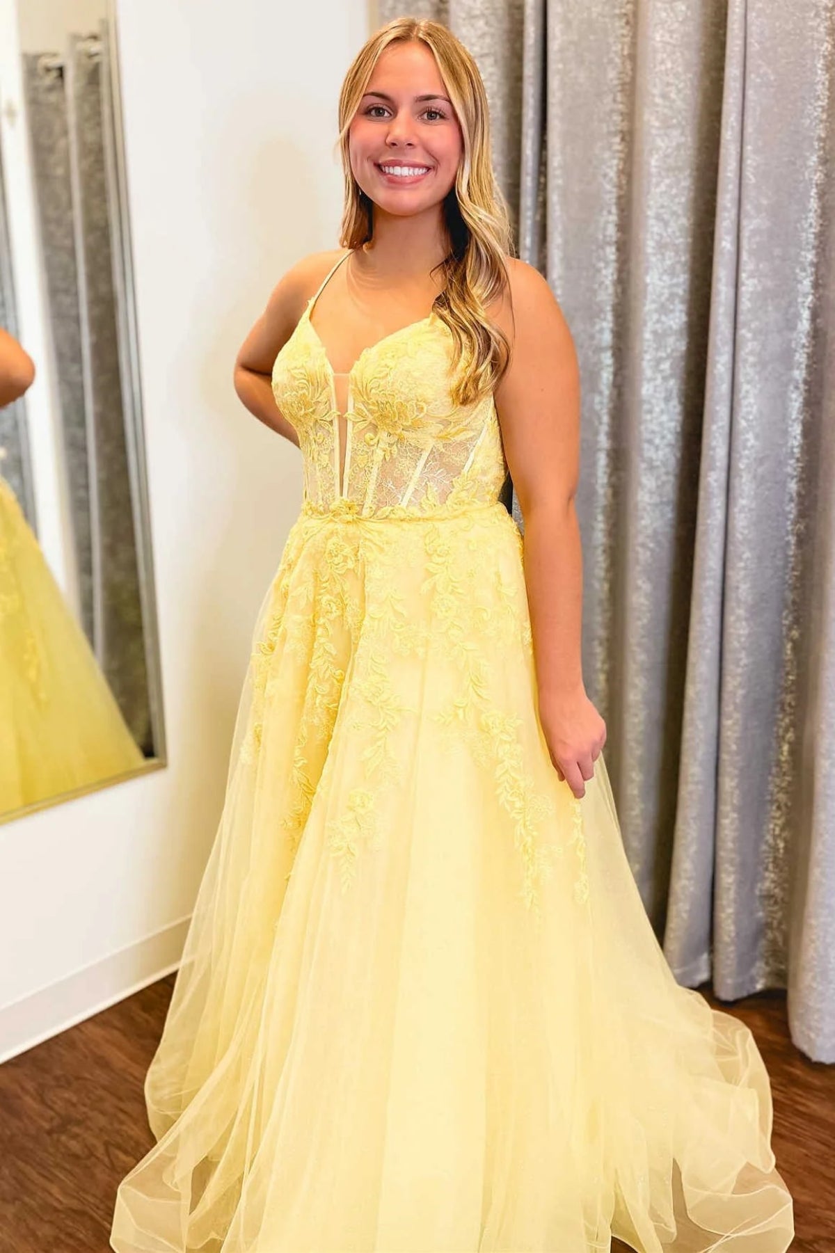 A Line V Neck Yellow Long Prom Dress with Lace Appliques, Yellow Lace Formal Graduation Evening Dress A2014