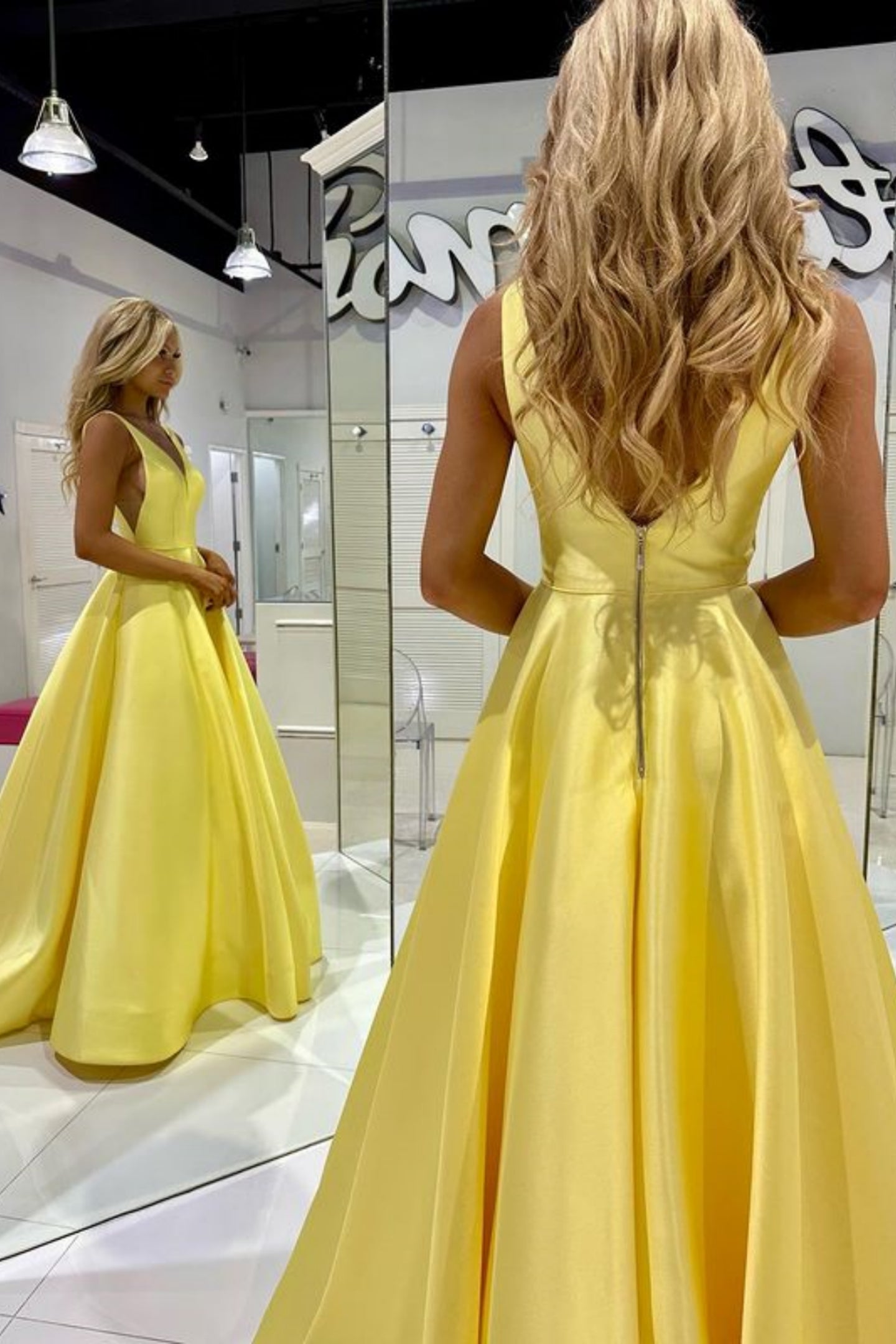 A Line V Neck Yellow Satin Long Prom Dress with Pocket, V Neck Yellow Formal Dress, Long Yellow Evening Dress A1997