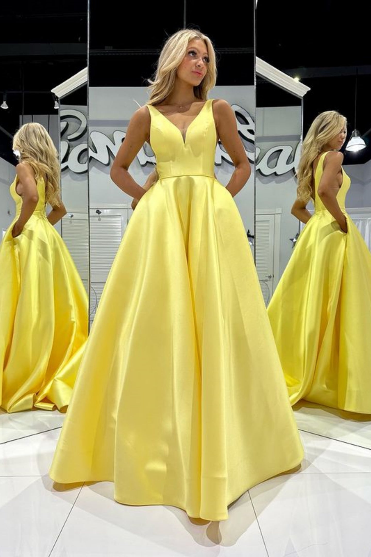 A Line V Neck Yellow Satin Long Prom Dress with Pocket, V Neck Yellow Formal Dress, Long Yellow Evening Dress A1997