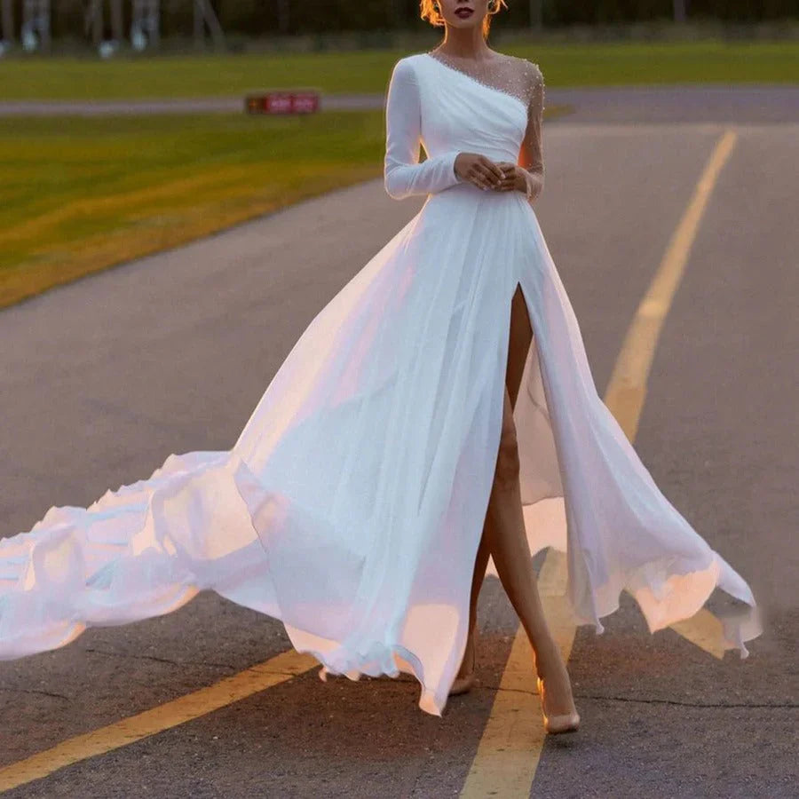 A Line White Chiffon Pearls Long Sleeve Beach Wedding Dresses With Slit
