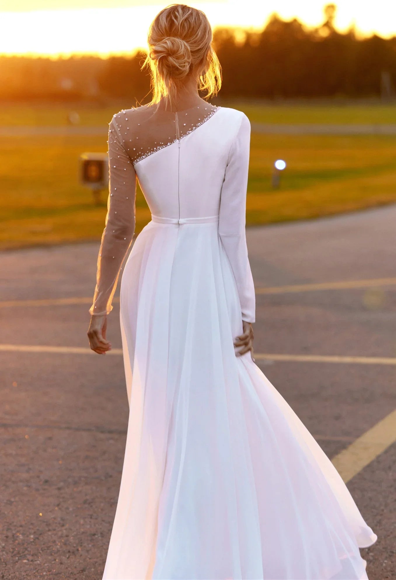 A Line White Chiffon Pearls Long Sleeve Beach Wedding Dresses With Slit