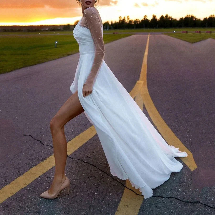 A Line White Chiffon Pearls Long Sleeve Beach Wedding Dresses With Slit