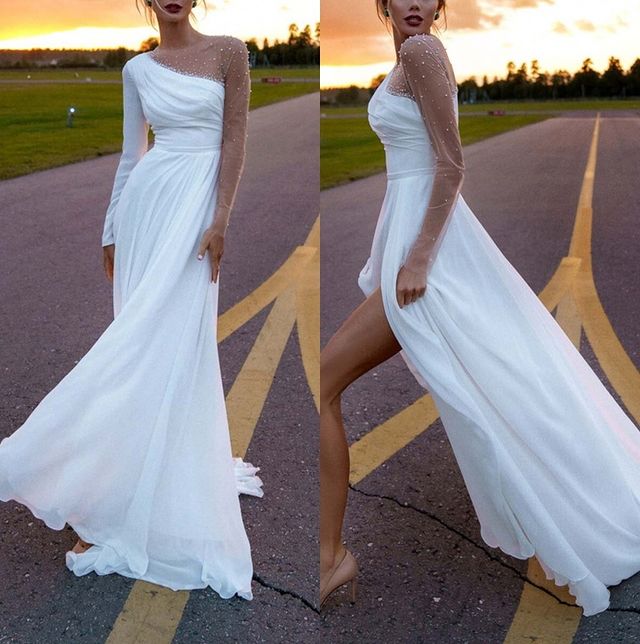 A Line White Chiffon Pearls Long Sleeve Beach Wedding Dresses With Slit